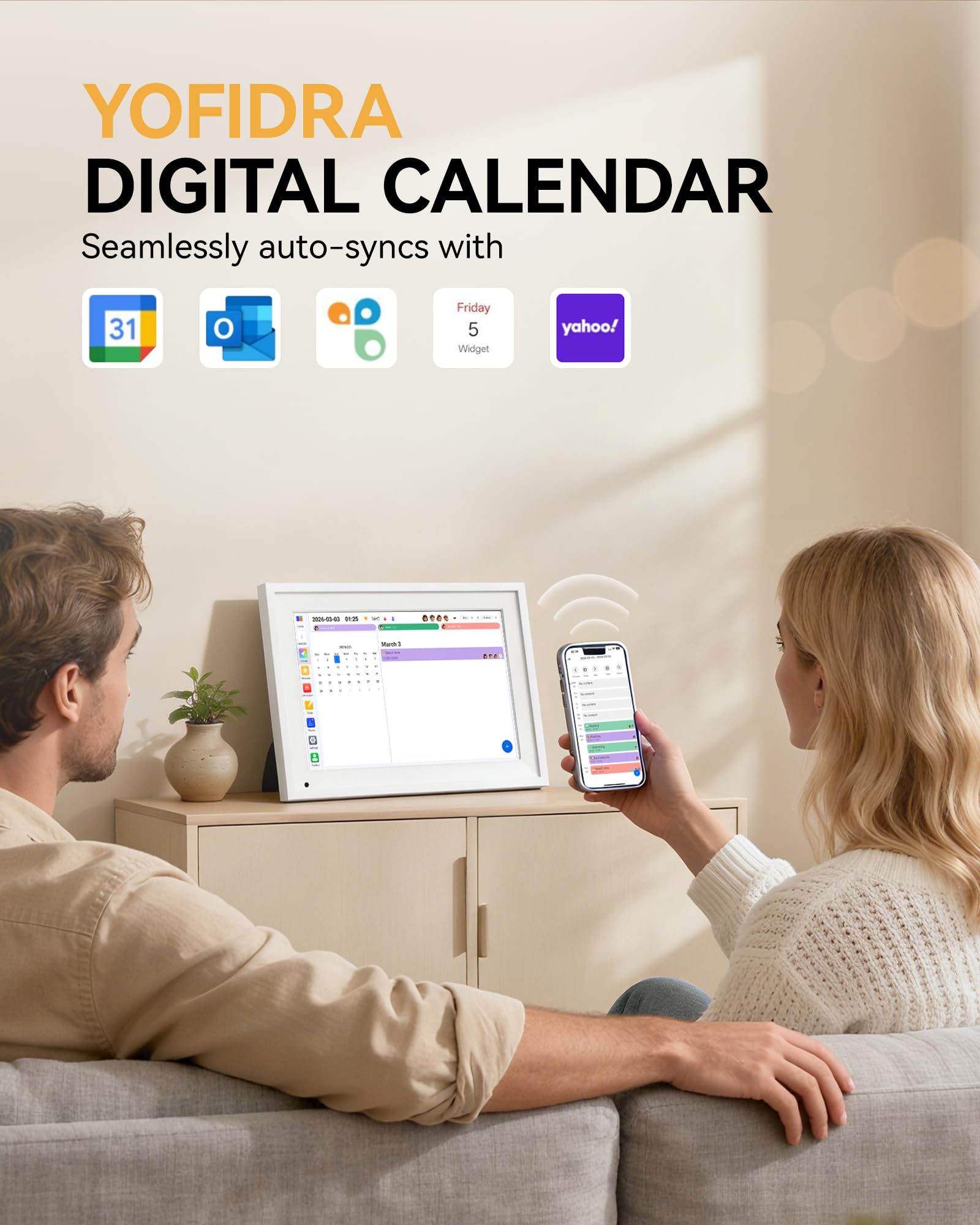 Yofidra 10.1" Digital Calendar, Smart Electronic Calendar with Chore Photo Meal Reward To-do Chart, Desk Planner for Family Schedule, Wifi Interactive Touchscreen Display with Stand, White, 32GB