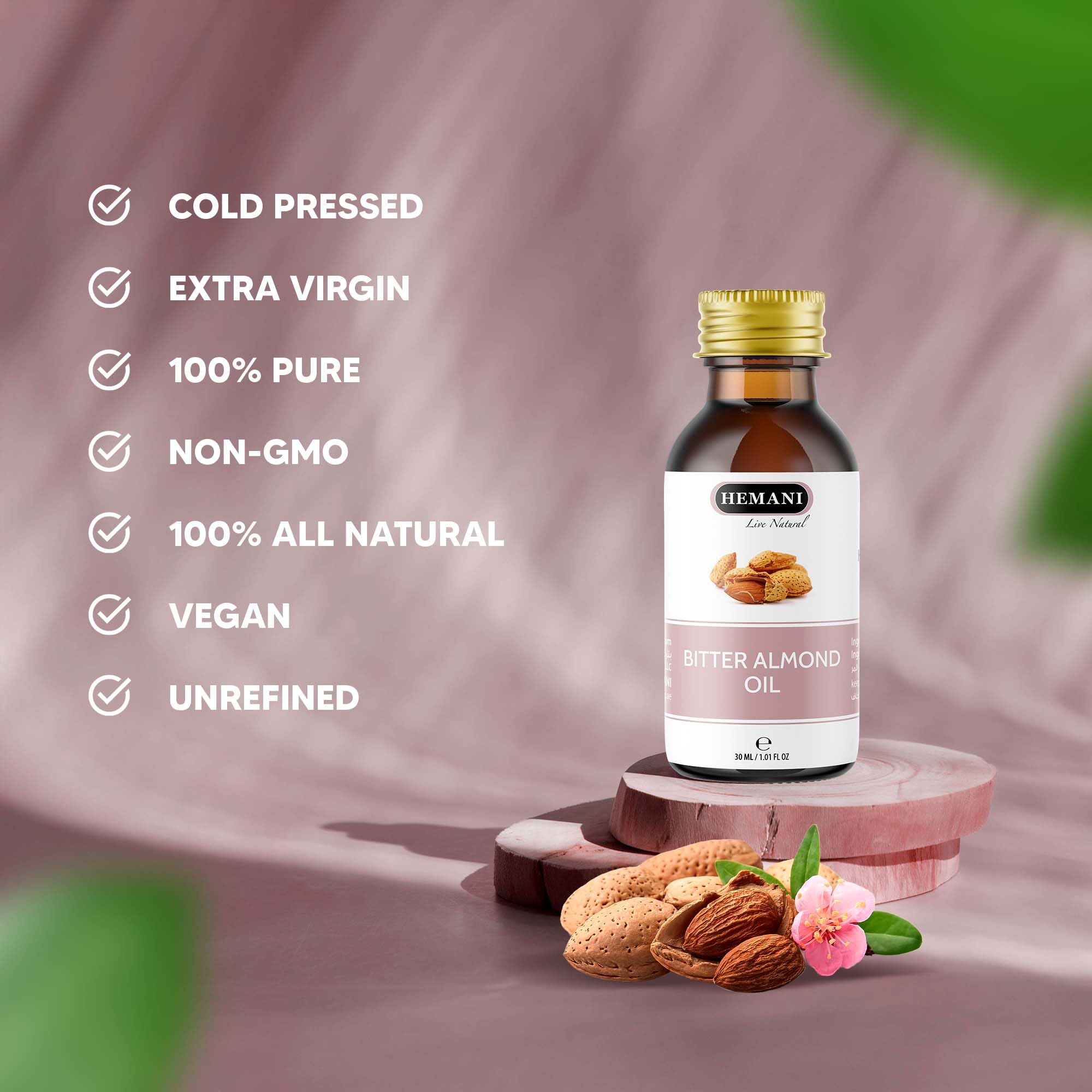 Hemani Bitter Almond Oil 30ml (1 Fl Oz) - 100% Pure Steam Distilled | Soothing Aromatherapy | Natural Essential Oil for Diffuser & Massage