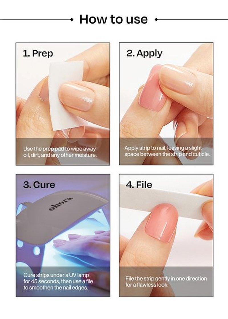 ohora Semi Cured Nail Strips (N Dear Gift) - Works with Any UV/LED Lamps, Salon-Quality, Long Lasting, Easy to Apply & Remove - Includes 2 Prep Pads, Nail File & Wooden Stick