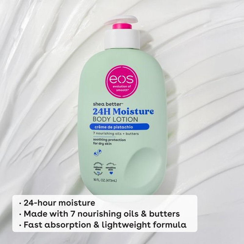 eos Shea Better Body Lotion- Crème de Pistachio, 24-Hour Moisture Skin Care, Lightweight & Non-Greasy, Made with Natural Shea, Vegan, 16 fl oz