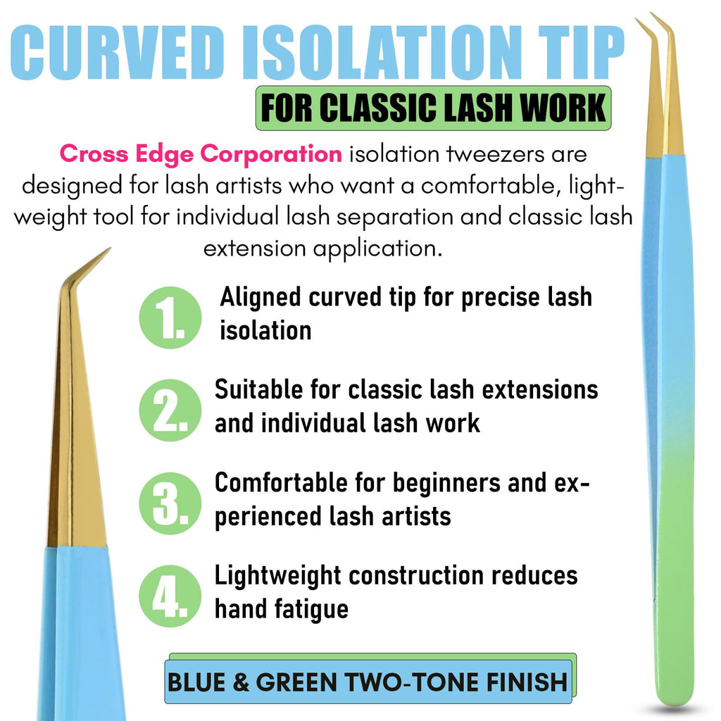 Cross Edge Corporation Lash Extension Tweezers 14cm — Curved Isolation Tip for Classic Lashes & Individual Lash Work | Lightweight Stainless Steel | Blue & Green with Gold Tip Finish