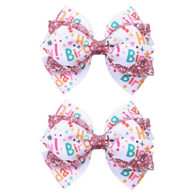 4" Happy Birthday Ribbon Hair Bow Clips 2pc Sparkly Pink Sequin Alligator Barrettes Pins for Teens Toddler Baby Girls Kids Women Ice Cream Party Outfit Dress Decor Accessory Gift