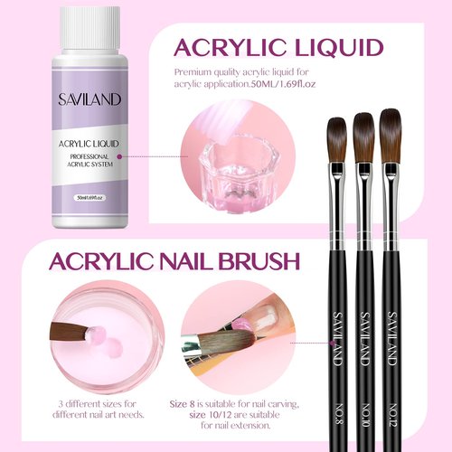 SAVILAND Acrylic Nail Kit with Drill for Beginners - 0.5oz Clear White Pink Acrylic Powder and Liquid Set Nail Brushes Professional Nails Kit Set Home DIY Extension Carving