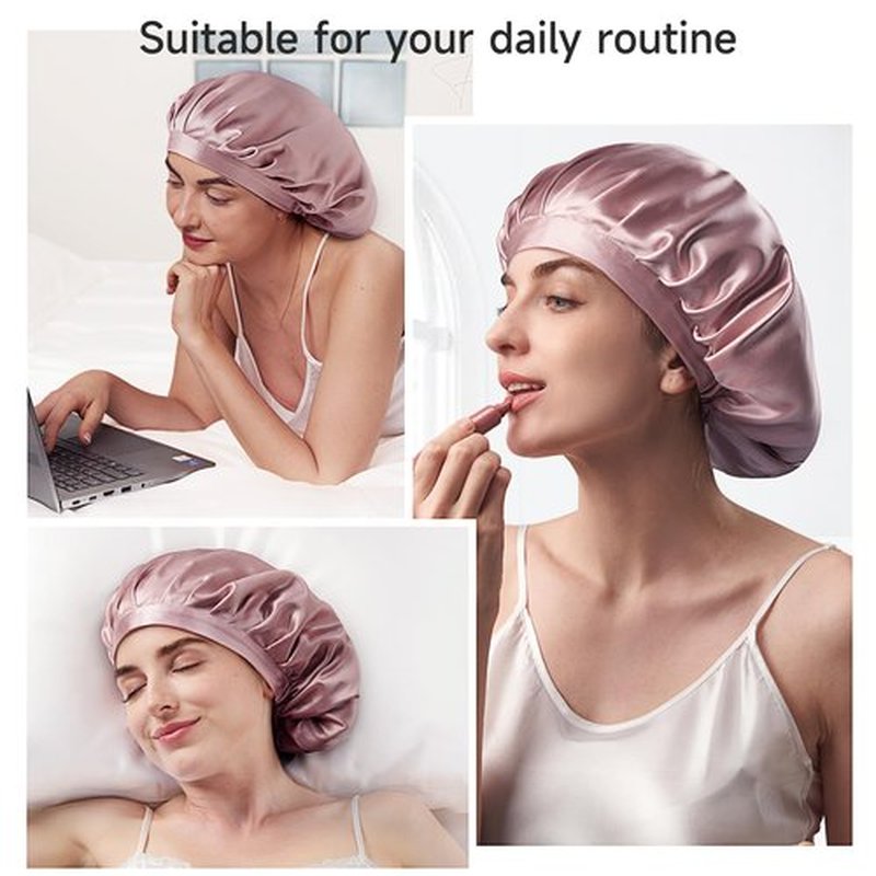 Kaome 100% Mulberry Silk Bonnet for Sleeping Women, 22 Momme Double Layer Silk Hair Wrap, Non-Slip Sleep Cap with Adjustable Elastic Band for Long Curly Hair Care, Comfortable and Breathable, Pink