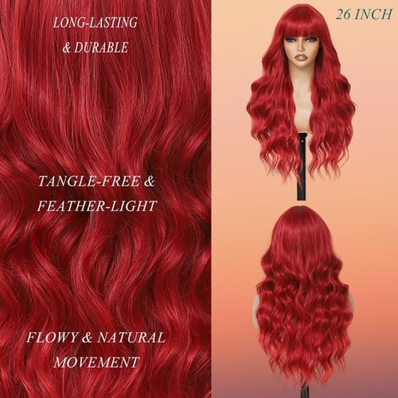Long Red Wigs with Bangs 26Inch Wavy Curly Hair for Women Tangle Free Soft Natural Looking Premium Heat Resistant Protein Fiber Daily Party Use