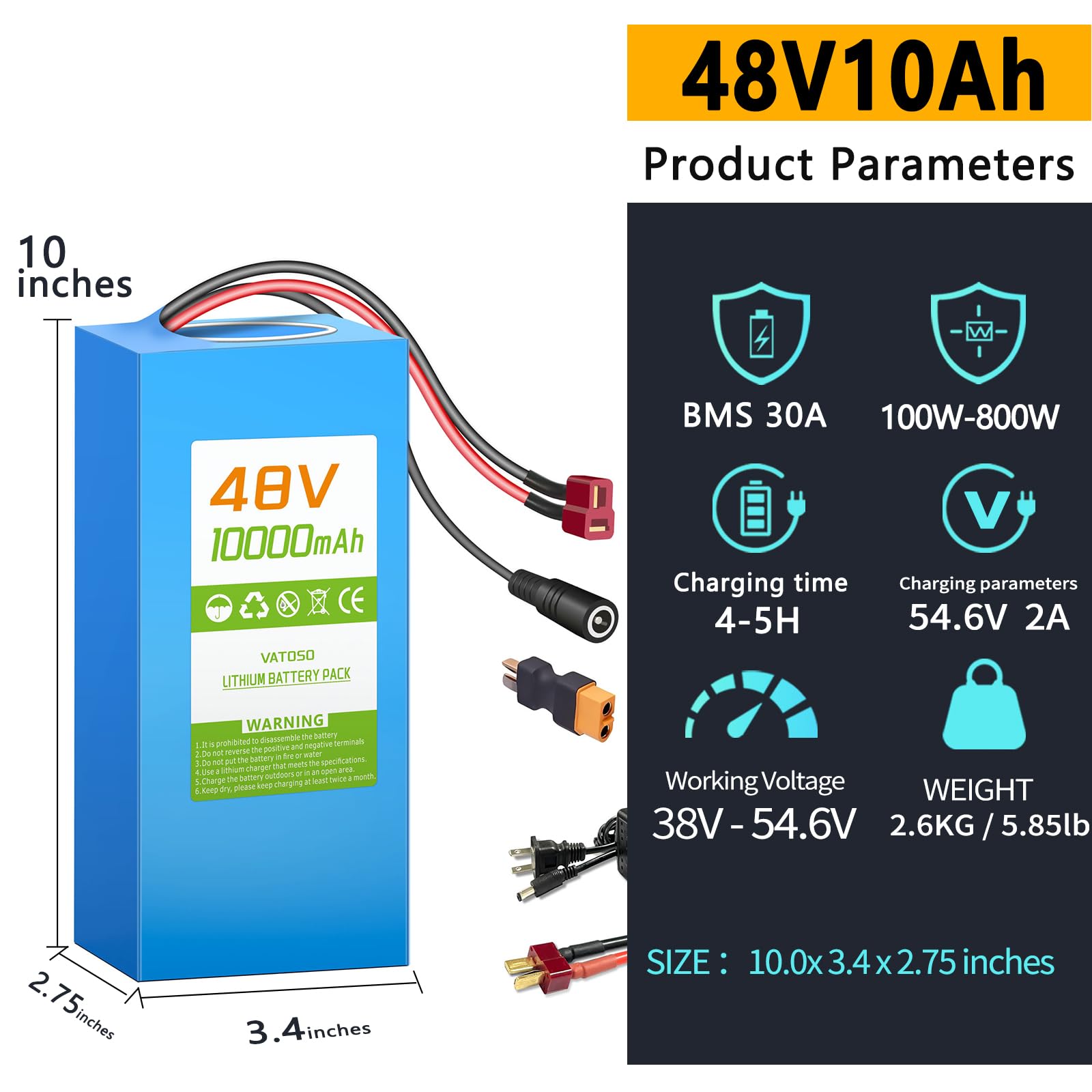 VATOSO 48V 10AH Lithium Ebike Battery with 30A BMS,W/ 2A Charger and Cabled Connector, Compatible with 100W-1000W Motors, for Electric Bikes, Scooters, ATVs, Electric Dirt Bikes and DIY Projects