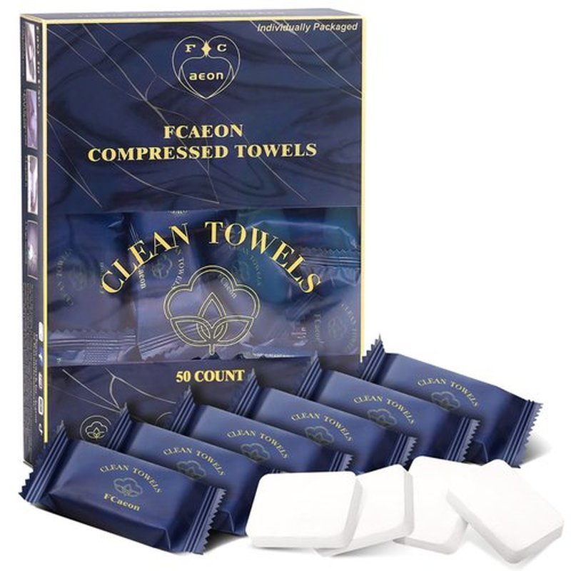 Fcaeon Compressed Towel Tablets Large Ultra Soft Disposable Face Towel Individually Wrapped 12x9 Inch Portable Washcloths for Makeup Removal Beauty Salon Gym Camping Travel Outdoor Sports(50 Pcs Blue)
