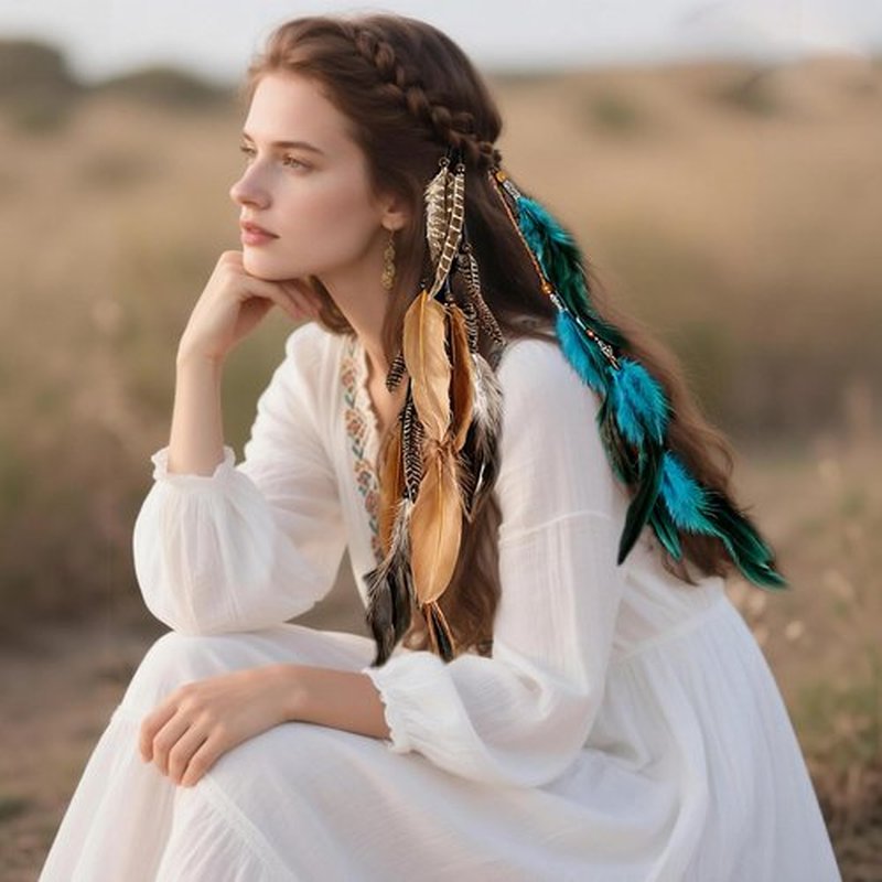 FeelfunFeather Feathers Hair Extensions for Women Boho Clip-in Hair Feather Accessories for Mardi Gras Performances Photo Shoots Carnival Party Headdress Accessory- long, Natural+Blue(2 Pcs)