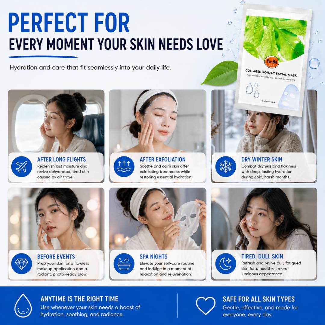 Yu-Be Facial Mask: Skin Firming Collagen | Plant-Based Konjac Sheet Mask Moisturizes, Softens, Nourishes, & Firms Mature Skin | Improves Tone & Texture | Home Spa Masks (3 sheets)