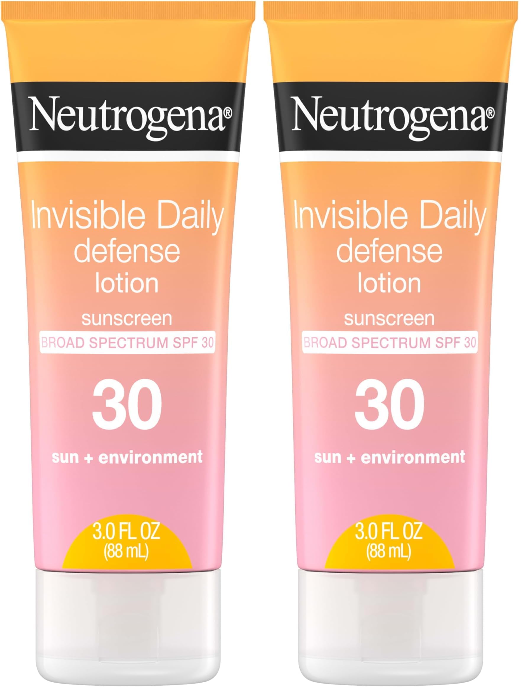 Neutrogena Invisible Daily Defense Sunscreen Lotion, Broad Spectrum SPF 30, Oxybenzone-Free & Water-Resistant, Sun & Environmental Aggressor Protection, Antioxidant Complex, 3.0 fl. oz (Pack of 2)