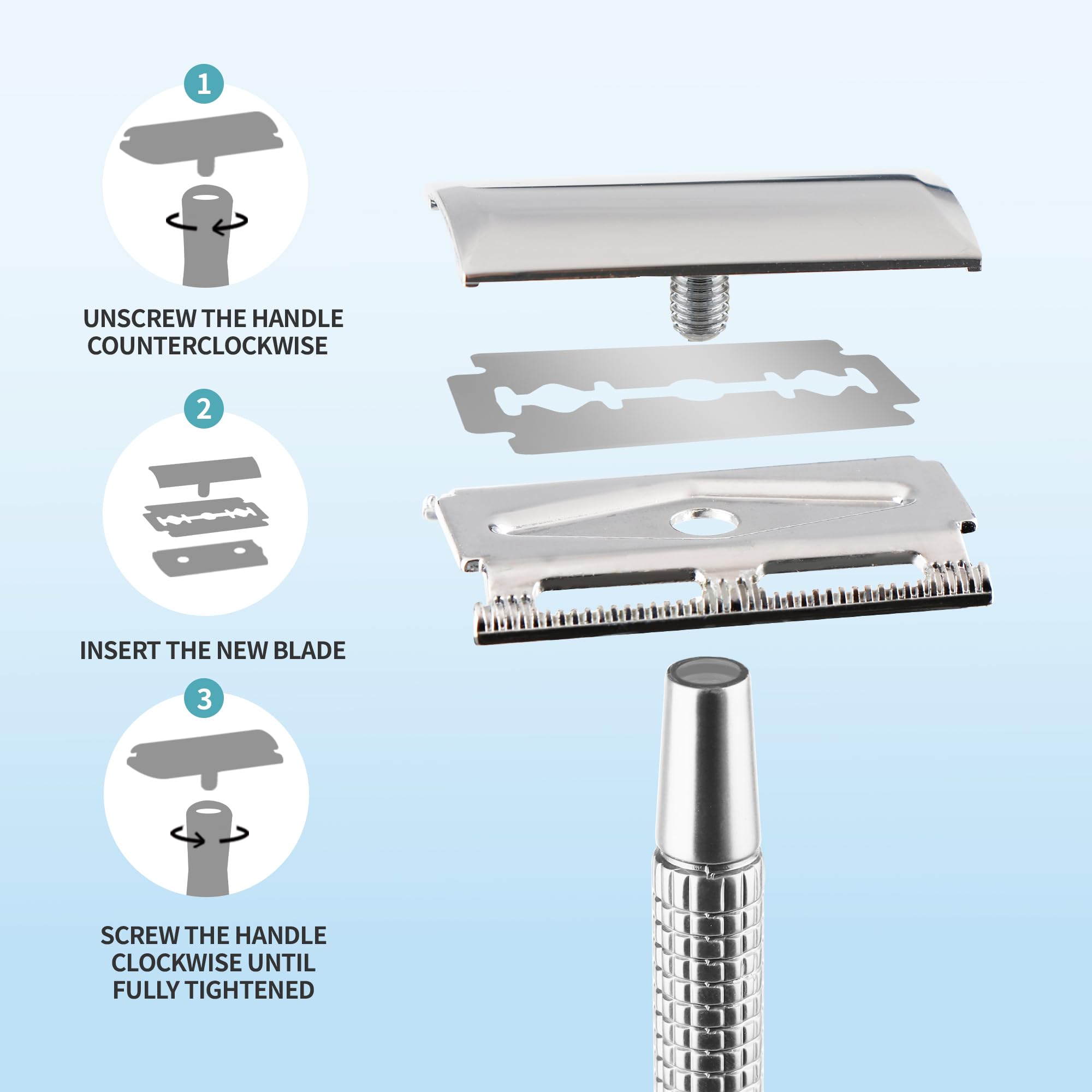 Gearhub Double Edge Safety Razor Reusable Stainless Metal Wet Shaving Razor with 10 Swedish Platinum Blades for Men Women Barber Bikini Armpit Hair, Silver GR131
