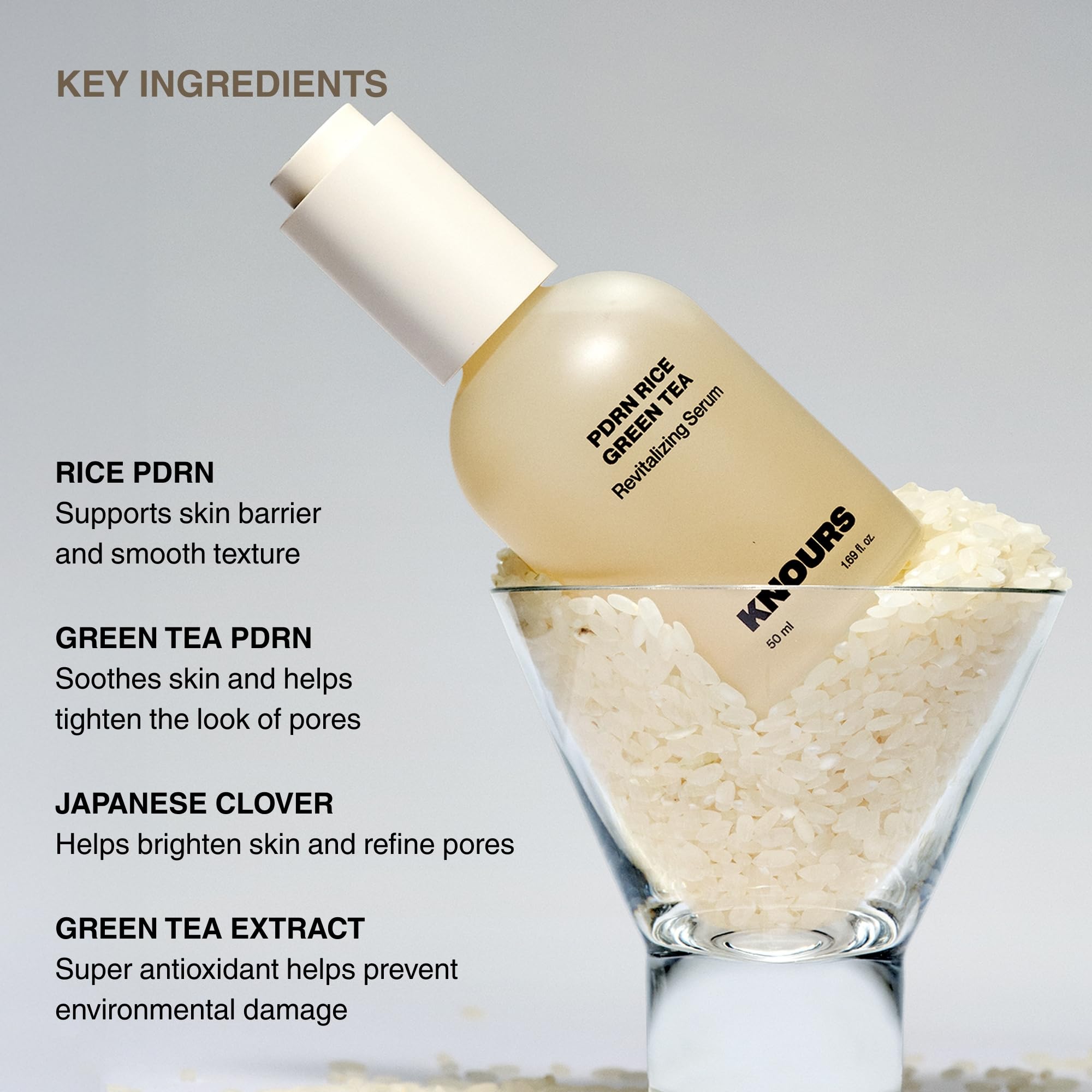 KNOURS. PDRN Rice & Green Tea Revitalizing Serum with Rice PDRN, Green Tea, Niacinamide & Hyaluronic Acid, Nourished, Dewy, Radiant Skin 50ml