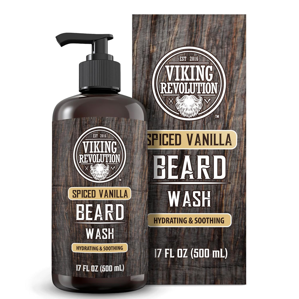 Viking Revolution Spiced Vanilla Beard Wash for Men with Argan Oil and Jojoba Oil - Beard Softener and Strengthener Beard Shampoo with Beard Oil - Beard Care to avoid Beard Dandruff and Itch (17 oz)