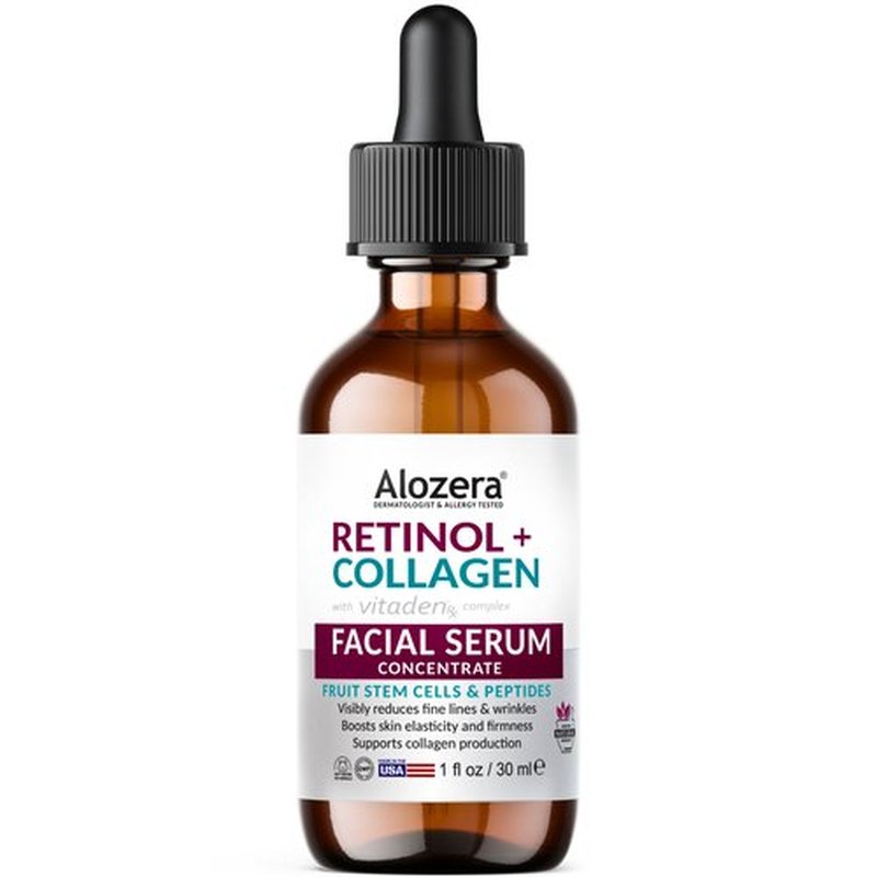 Alozera Retinol Collagen Serum for Face with Plant Stem Cell & Peptides, Anti Aging Facial Serum for Fine Lines & Wrinkles, Tighter & Firmer Skin, Fast-Absorbing, Non-Greasy, Day & Night Serum