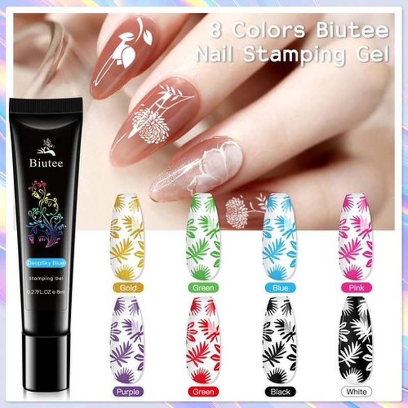 Biutee Nail Stamper Kit 16Pcs Nail Art Stamping Plate 8 Colors Stamp Polish Gel Silicone Stamper Scraper with Storage Bag, Nail Stamp Plates Love Flower Butterfly Leaf Template Valentine Design Gift