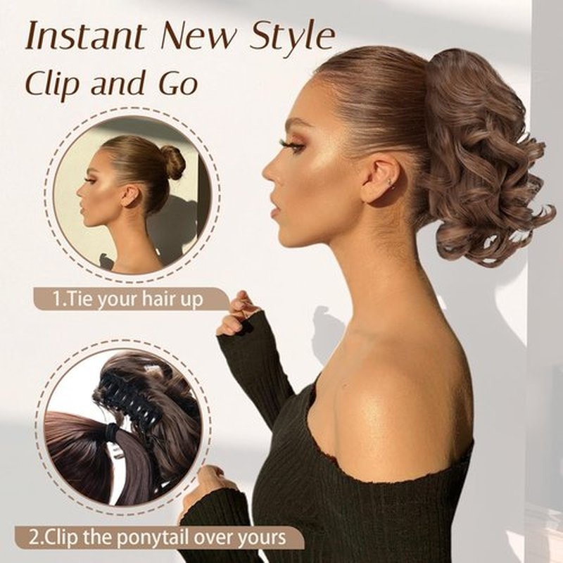 Foaoit Short Ponytail Extension Claw Clip in Hair Extensions for Women 10 Inch Loose Curly Ponytails Synthetic Updo Hair Pieces for Kids Girls (Light Brown mix Blonde)