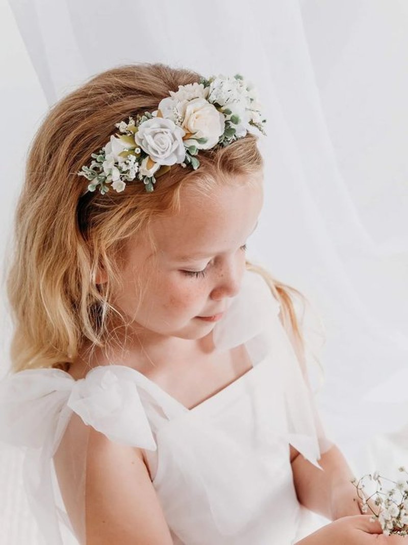 PoshMyra White Ivory Flower Crown Hairband for Girls Birthday Party Princess Floral Headband for Little Bridesmaids Wedding Photo Prop