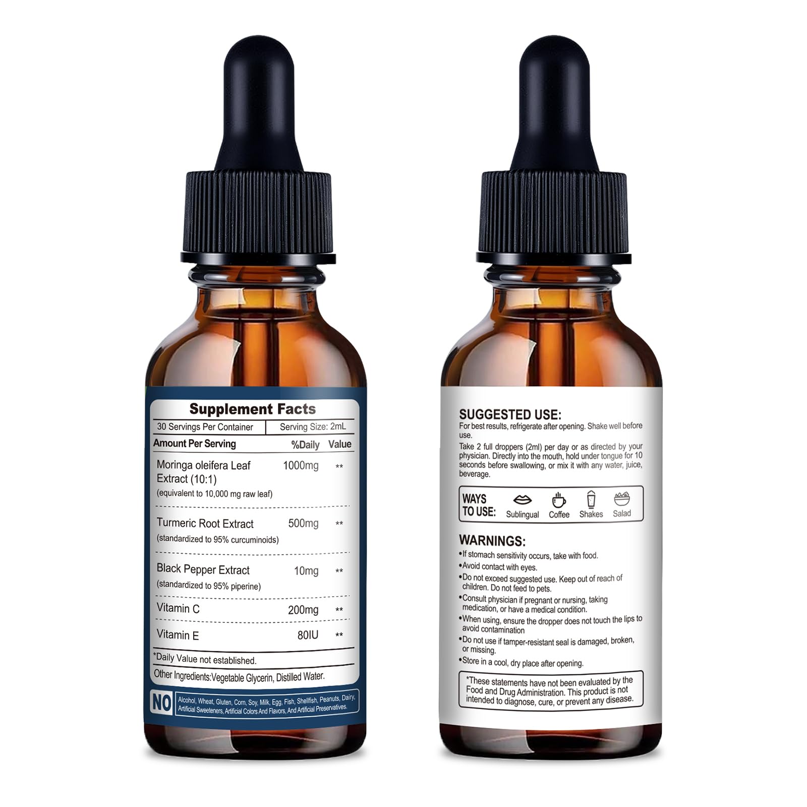 NaSeny Organic Moringa Oleifera Liquid Drops, 1000mg Moringa Leaf Extract w. Turmeric, Black Pepper, Moringa Supplement for Energy, Antioxidant, Joint & Gut, Fast Absorption, Vegan, Non-GMO, 2 Fl Oz