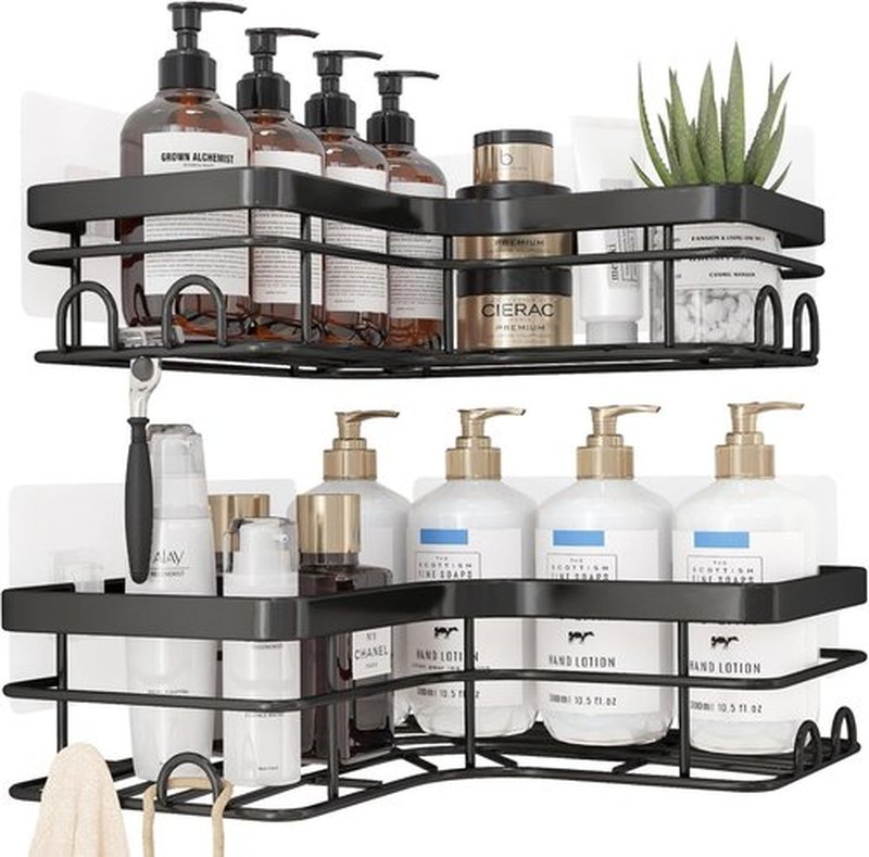Sakugi Corner Shower Caddy | 2-Pack Rustproof Stainless Steel Organizers with 8 Hooks - No Drilling, Space-Saving, Black