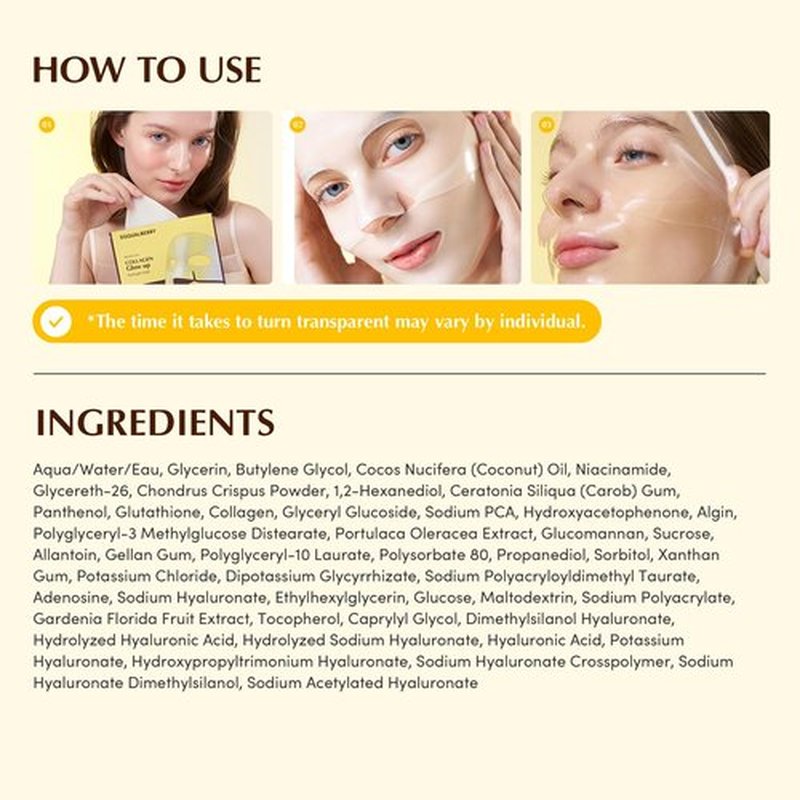 EQQUALBERRY Collagen Glow Up Mask - Niacinamide & Low Molecular Collagen for Brightening and Radiance Boosting | Korean Collagen Face Mask for Glass Skin, 4 Sheets, 1.01 OZ.
