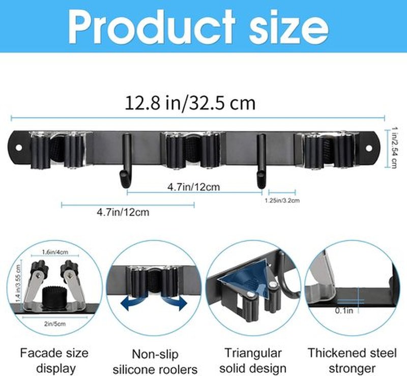 Huryfox Heavy-Duty Stainless Steel Broom Holder - Adjustable Wall Mount, 3 Racks & 2 Hooks, Black