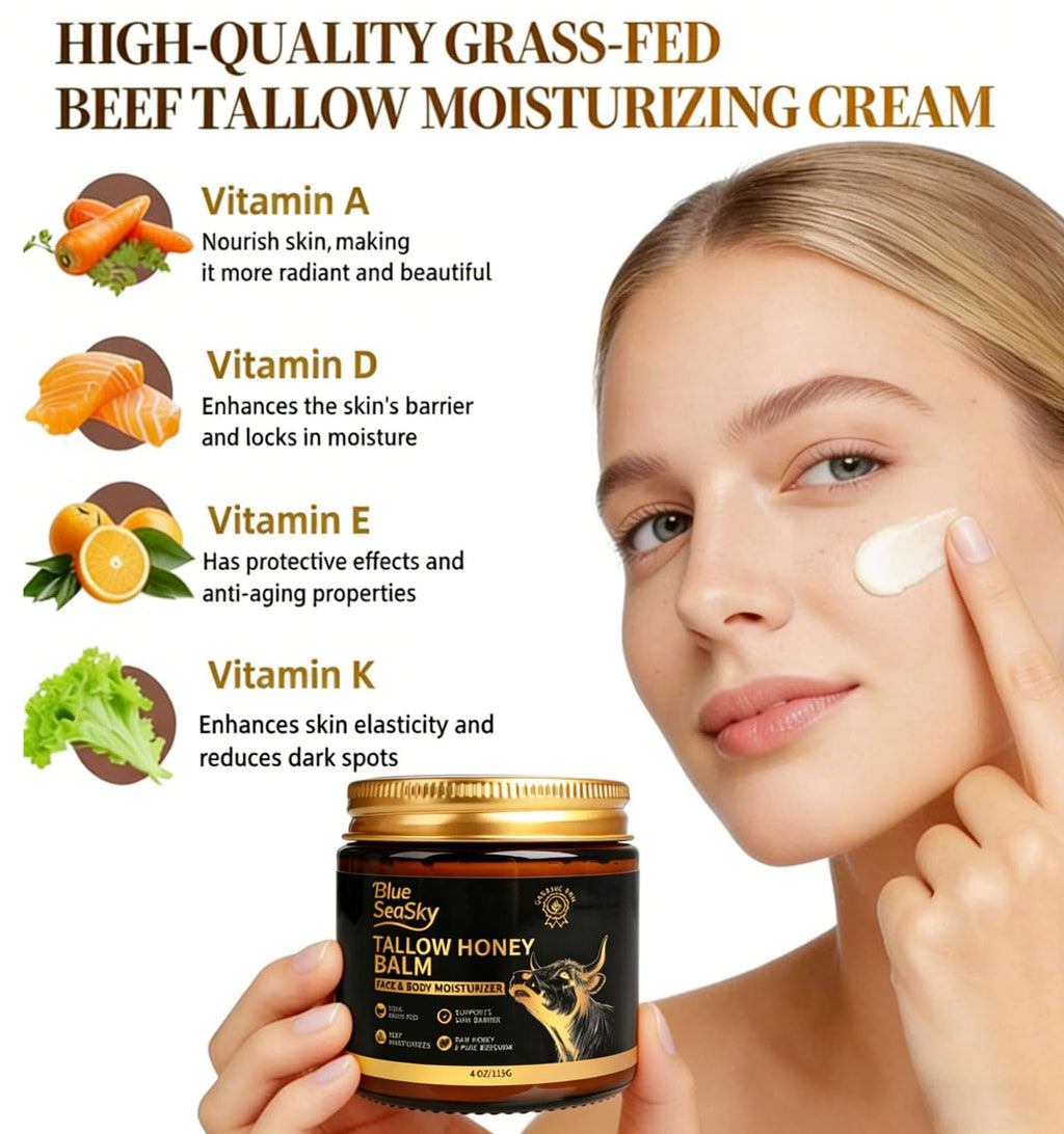 Blue Sea Sky Whipped Grass Fed Beef Tallow Balm with Raw Honey, Tallow Moisturizer for Dry Sensitive Skin, Redness Itch Relief, Eczema Rosacea Support, Non-Comedogenic Face & Body Skin Care