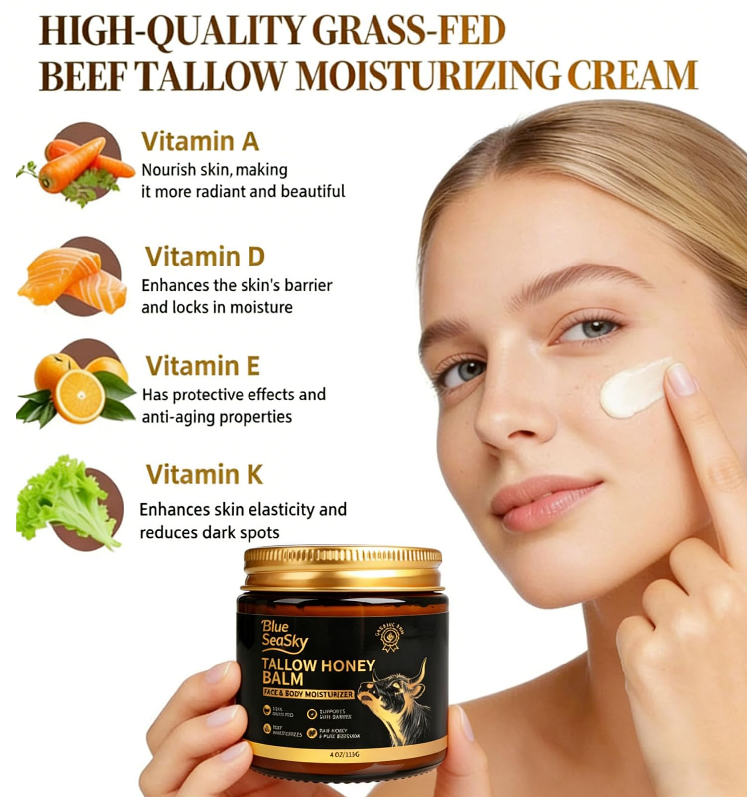 Blue Sea Sky Whipped Grass Fed Beef Tallow Balm with Raw Honey, Tallow Moisturizer for Dry Sensitive Skin, Redness Itch Relief, Eczema Rosacea Support, Non-Comedogenic Face & Body Skin Care