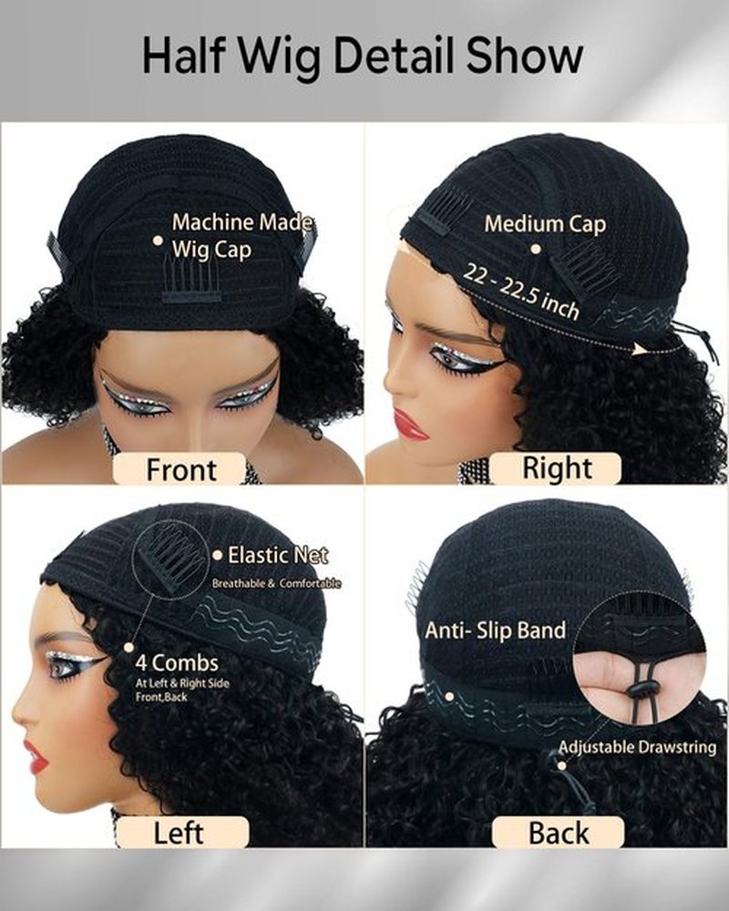 Fuduete 16 Inch Curly Half Wig Human Hair 200% Density Glueless Wigs Upgrade 3 IN 1 Half Wig With Drawstring Seamless Clip Ins Flip Over Kinky Curly Human Hair No Glue No Lace For Women