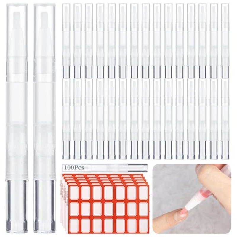 Homaisson 100 Pack 3ml Transparent Twist Pen with Stickers, Empty Cuticle Oil Pen Refillable Nail Oil Pens with Brush Tip, Empty Cosmetic Lip Gloss Tubes, Clear Eyelash Growth Liquid Containers