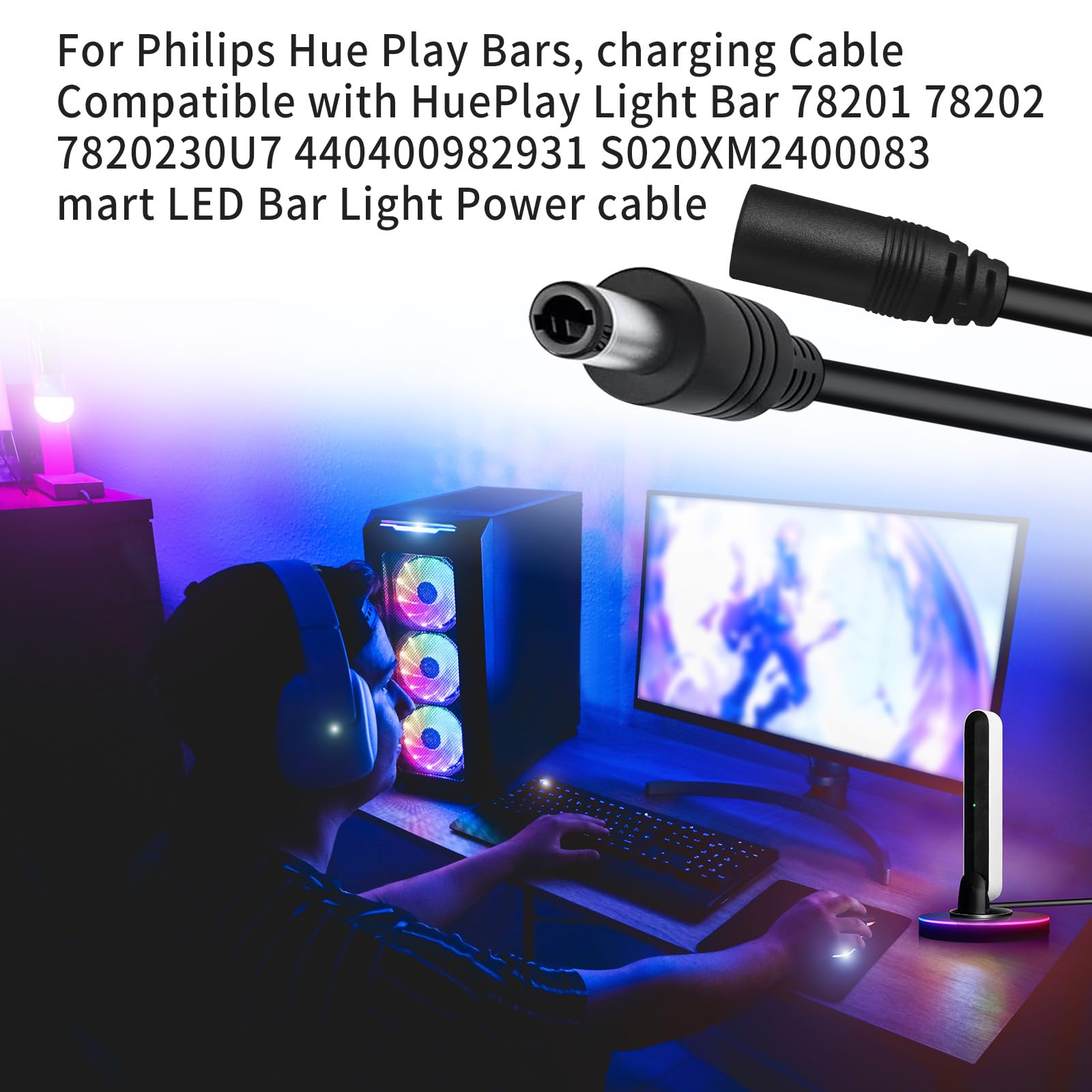 10ft Extension Cable for Philips Hue Play Bar Smart Light Bulb Accessory 7820430U7 440400980001 046677570552 S020XM2400083 Ambient Desk Lamp Replacement Power Supply Cord