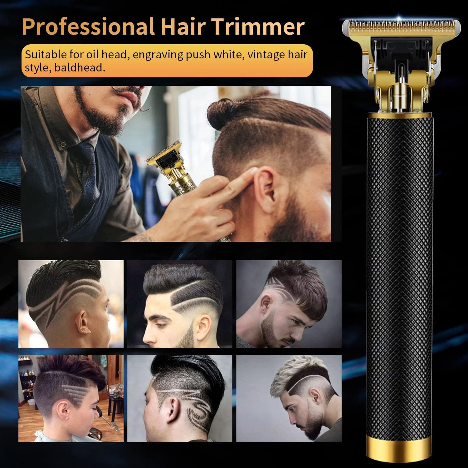 Hair Trimmer for Men, Electric Hair Clippers Cordless Beard Trimmer Shaver Electric T Blade Hair Trimmer, Zero Gapped Hair Clippers Cutting Grooming Kit with Guide Combs Ear Spoon Tool Set, Black.