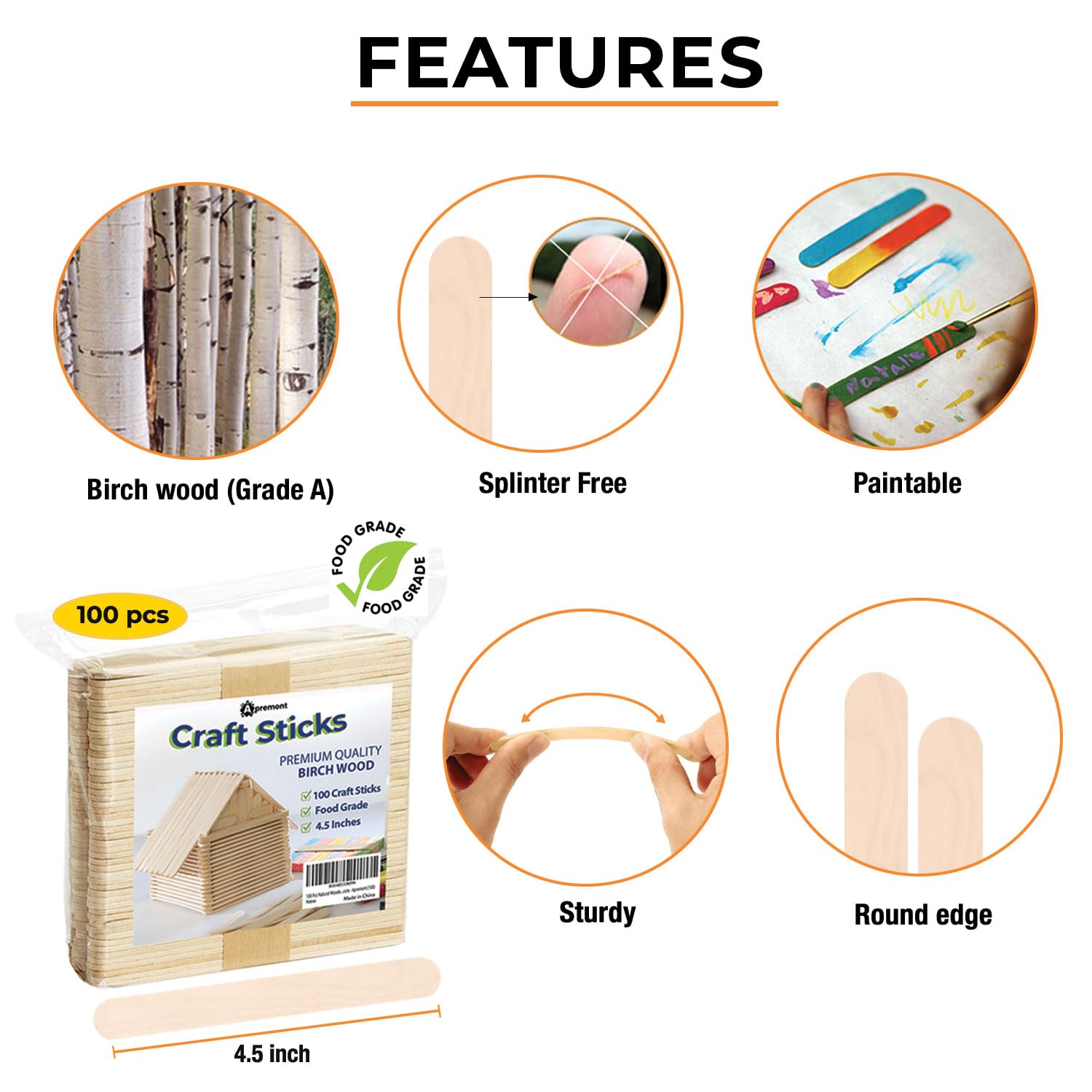 Apremont 100 Pcs - 4.5 inch Natural Wooden Food Grade Craft Sticks - Ice Cream Stick - Popsicle - Suit Crafting, Stirring, Paddle, Waxing, Small Ice Pop Stick for DIY Kids
