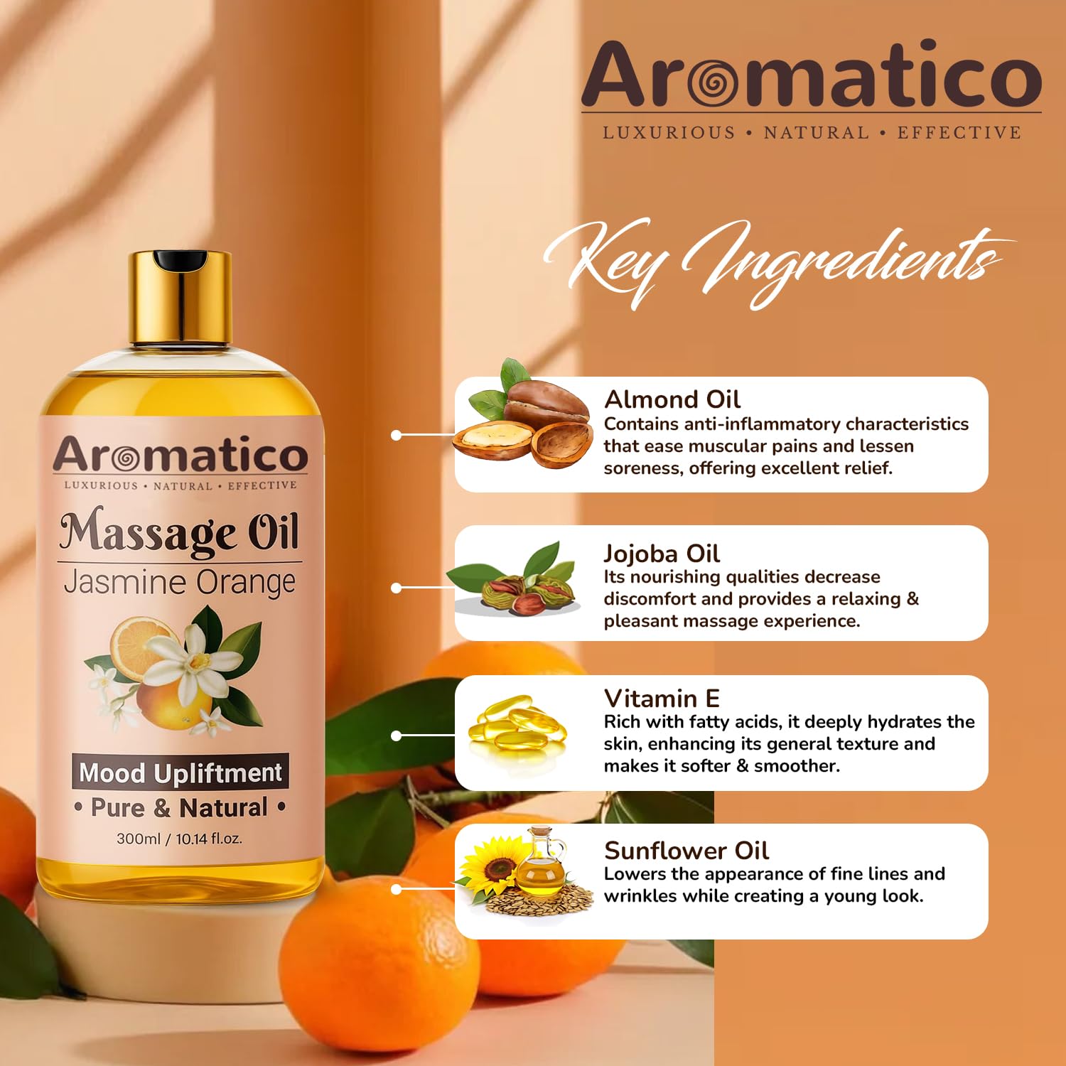 AROMATICO Massage Oil for Massage Therapy with Jasmine & Orange Essential Oils. Infused with Sesame, Almond & Jojoba Oils. Full Body Massage Oil for Mood Upliftment – 10 Fl Oz
