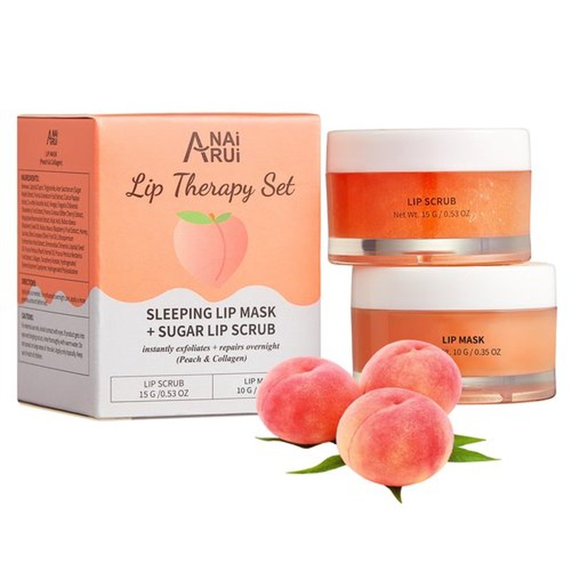 ANAI RUI Lip Scrub & Mask Set, Lip Scrubber Exfoliator, Lip Sugar Scrub, Lip Sleeping Mask, Moisturizering for Dry, Chapped, Dark Lips, Overnight Lip Mask, Peach