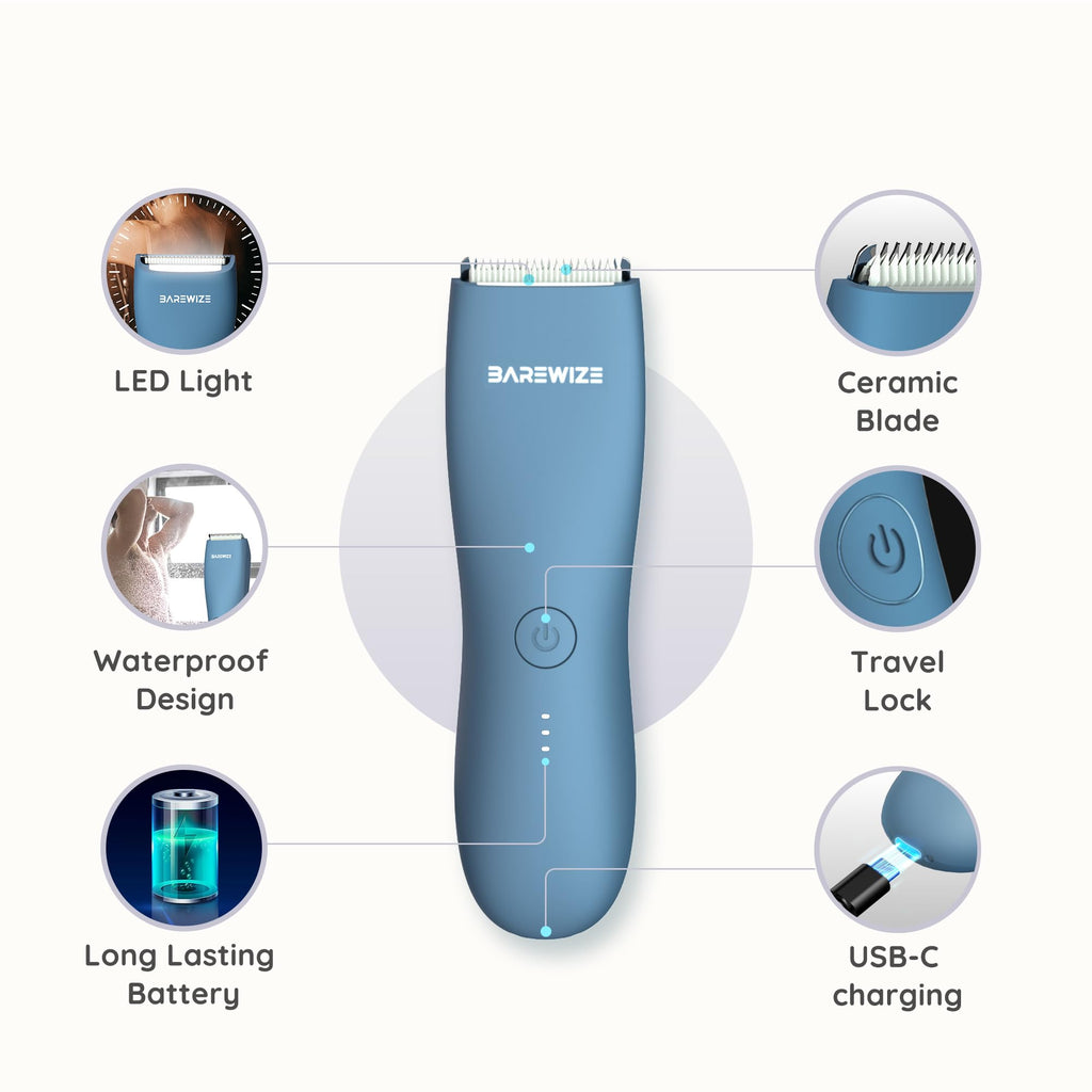 BAREWIZE Body Hair & Pubic Hair Trimmer for Men & Women, Painless Electric Body & Bikini Shaver | Waterproof, Type-C Rechargeable, LED Light, Replaceable Blade, Manscape Personal Groomer (Azure)