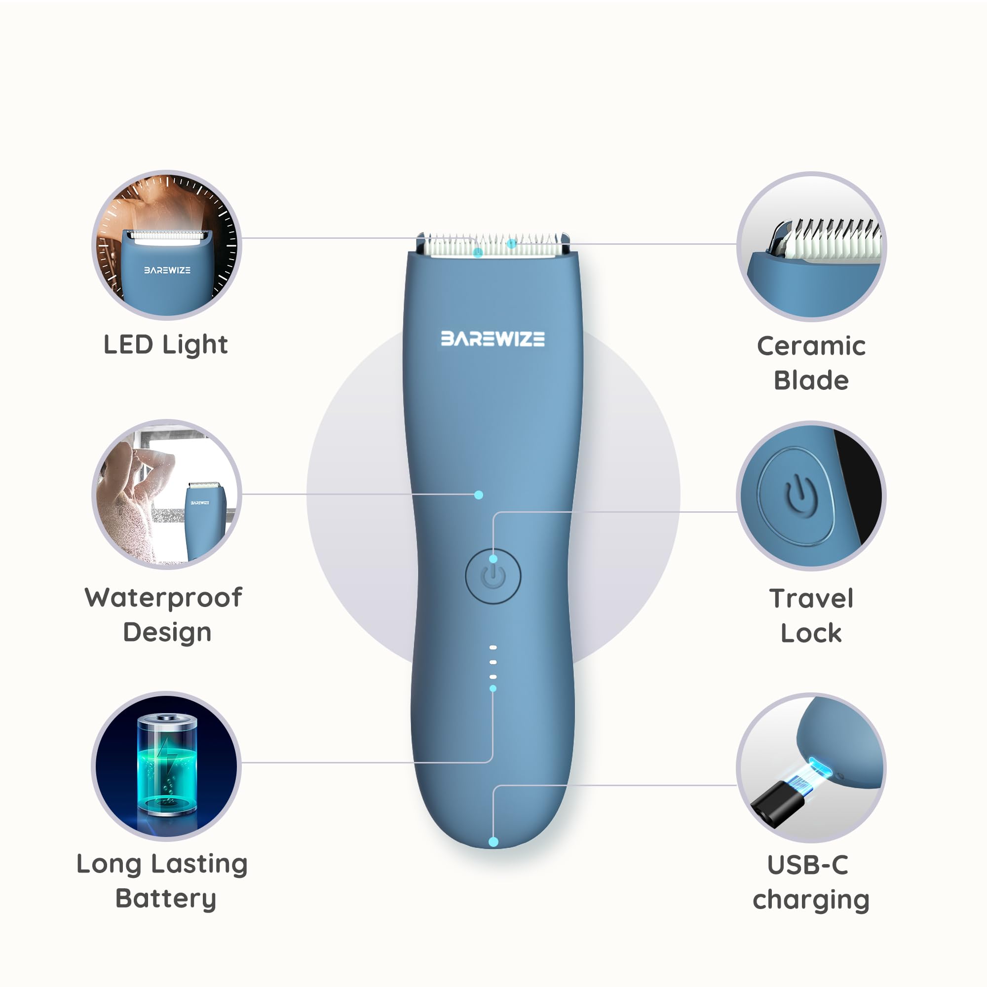 BAREWIZE Body Hair & Pubic Hair Trimmer for Men & Women, Painless Electric Body & Bikini Shaver | Waterproof, Type-C Rechargeable, LED Light, Replaceable Blade, Manscape Personal Groomer (Azure)