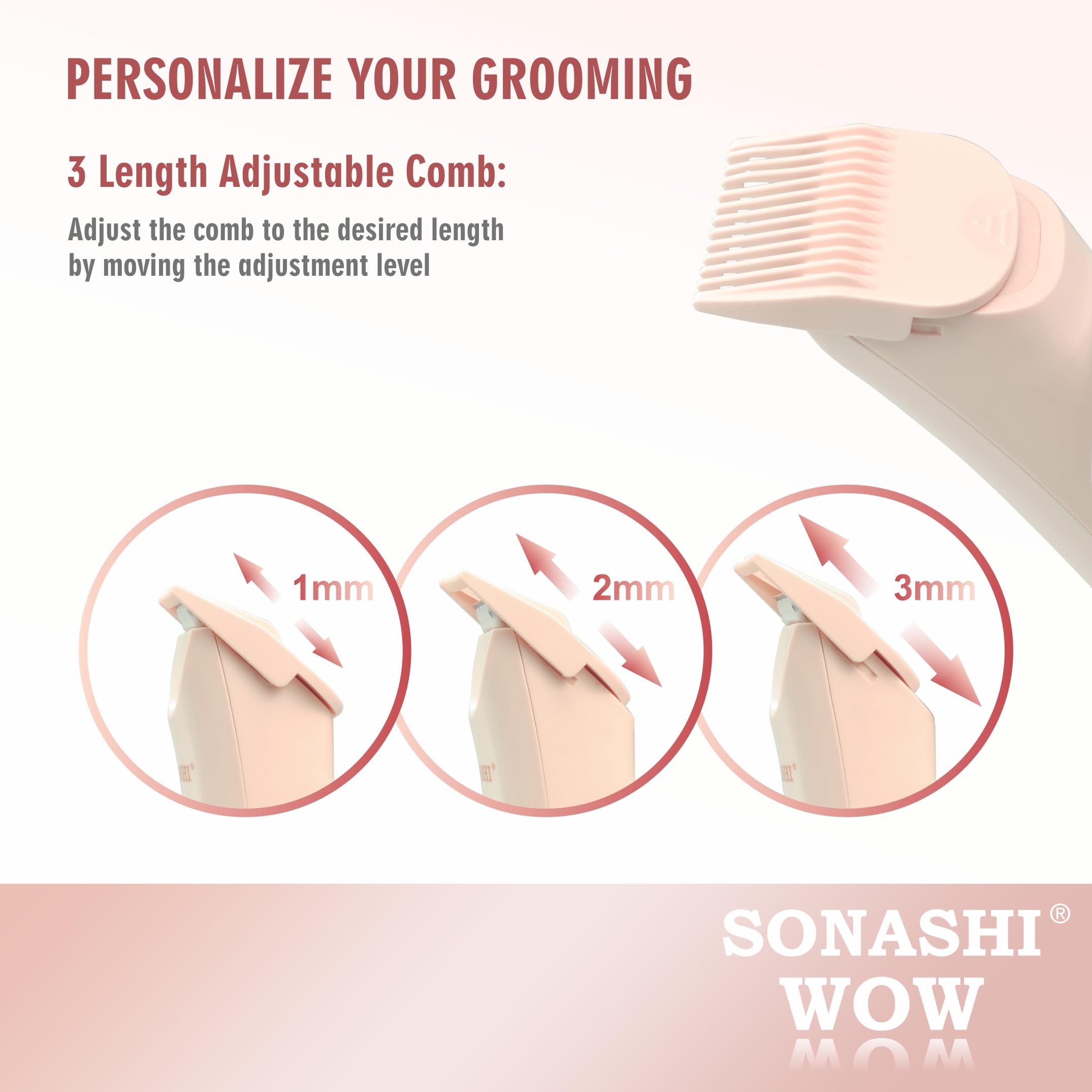 SONASHI WOW Electric Body Hair Trimmer - Groin Trimmer for Men - Bikini Trimmer Women - Wet/Dry Shaver Groomer, Rechargeable, Waterproof, Painless Hair Removal (Pink)