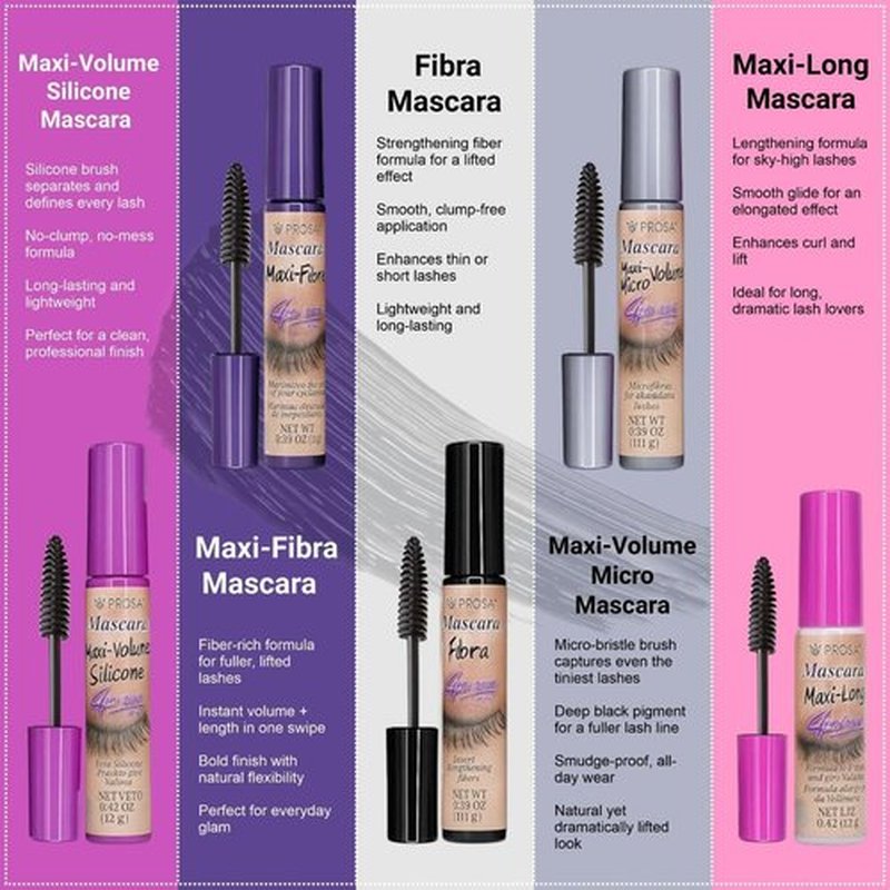 Prosa Mascara Professional Collection for Amplified Volume Complete Lash Length Deep Ebony Shade and Enduring All-Day Glamour Pack of 5