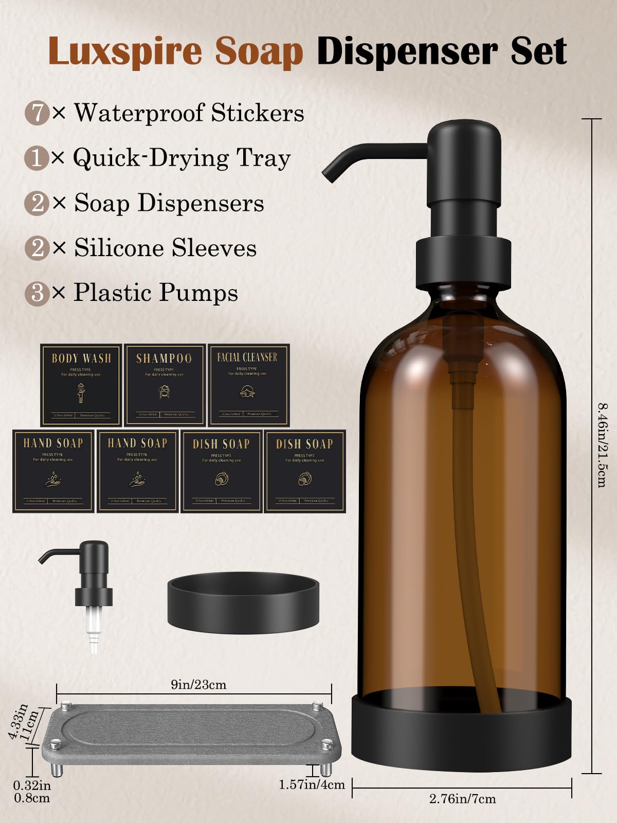 Luxspire Soap Dispenser Set, Hand Soap Dispensers with Fast Drying Tray, 17 oz Glass Refillable Liquid Bottle for Bathroom & Kitchen, Kitchen, 2 Pack, Brown + Dark Gray