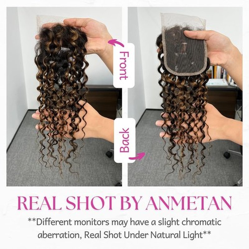 Anmetan Water Wave Ombre Human Hair 4x4 Closure 18 In, 12A F1B30 Black and Brown Honey Blonde Highlight Color Wet and Wavy Free Part Hairline 4x4 Lace Closure 100% Remy Pre Plucked with Baby Hair