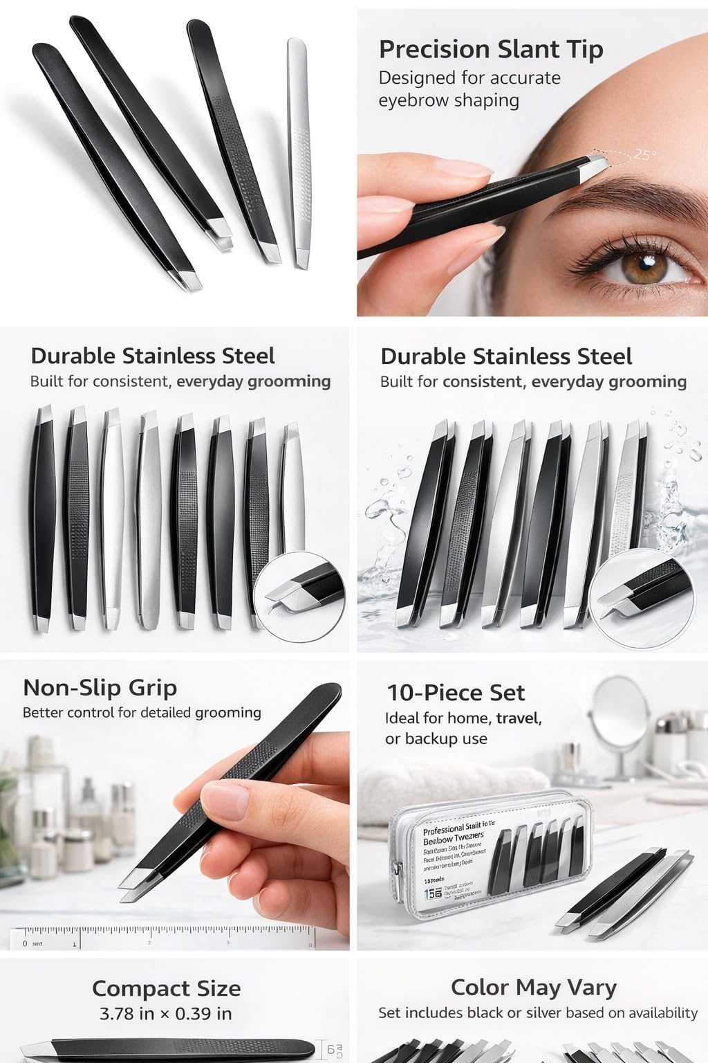 Professional Slant Tip Eyebrow Tweezers, Stainless Steel Precision Brow & Facial Hair Tweezers with Non-Slip Grip, 10 Pack (Color May Vary)