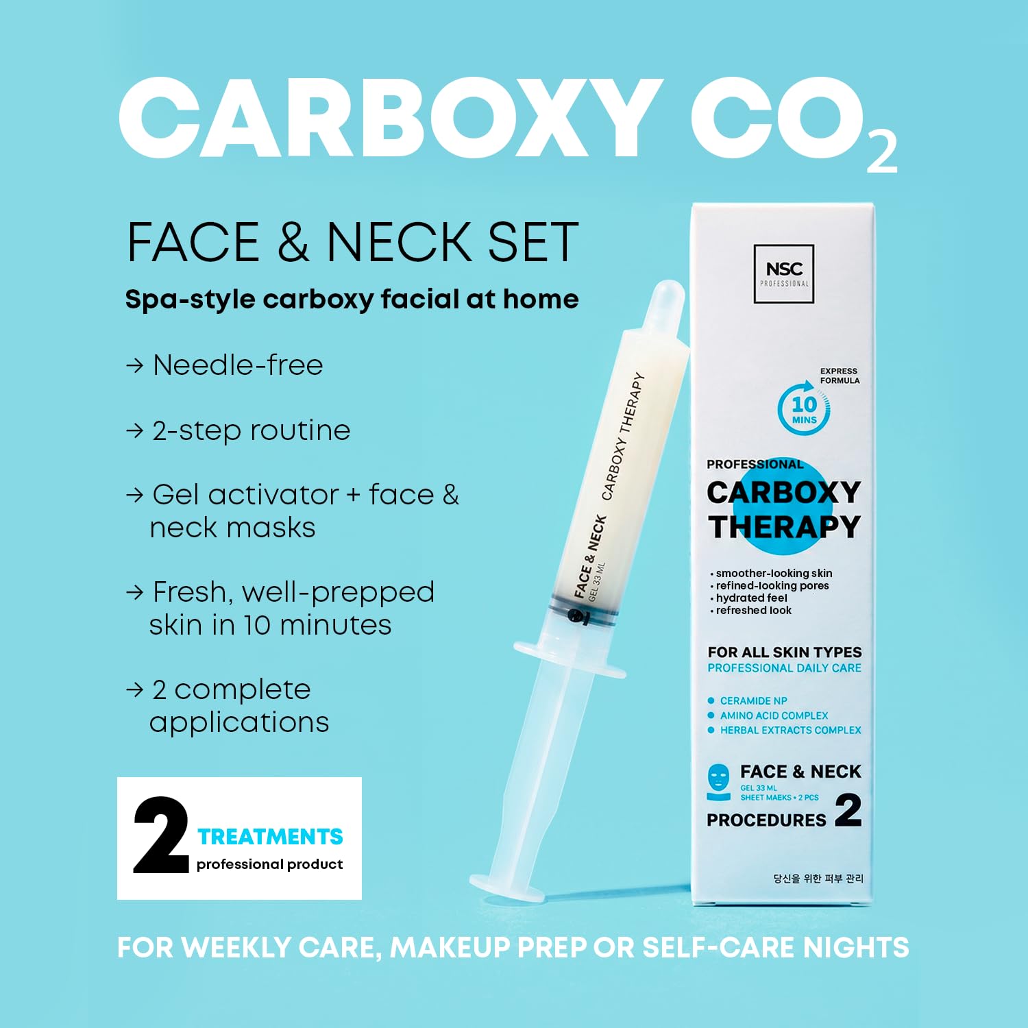 Name Skin Care Korean Carboxy CO2 Therapy Face & Neck Mask Set of 2 - Hydrating Oxygen Carboxytherapy Skincare Sheet Masks - Moisturizing Anti Aging Pore Tightening Brightening Facial Treatment Gel