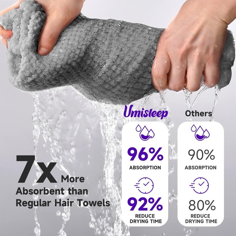 Umisleep Extra Large Microfiber Hair Towel - Super Soft Quick Dry Wrap for Long, Curly Hair | Grey
