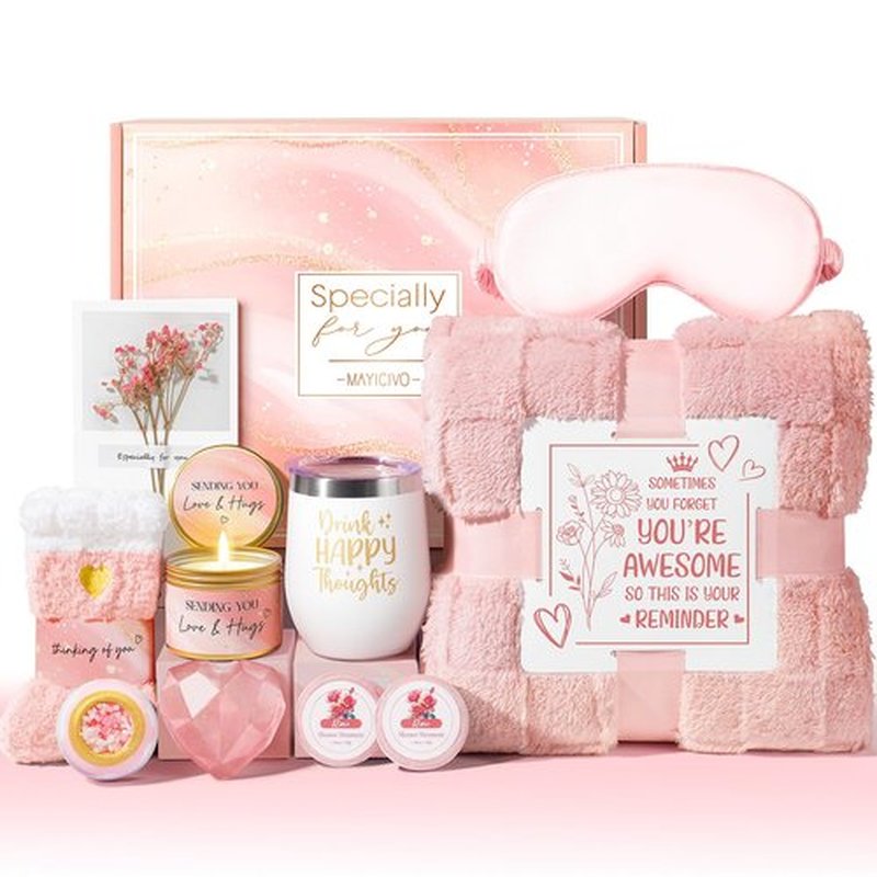 Mothers Day Birthday Gifts for Women, Self Care Get Well Soon Gift Baskets for Women, Rose Relaxing Spa Gifts Care Package with Blanket, Unique Easter Gift Baskets for Mom Her Girlfriend Friend Sister