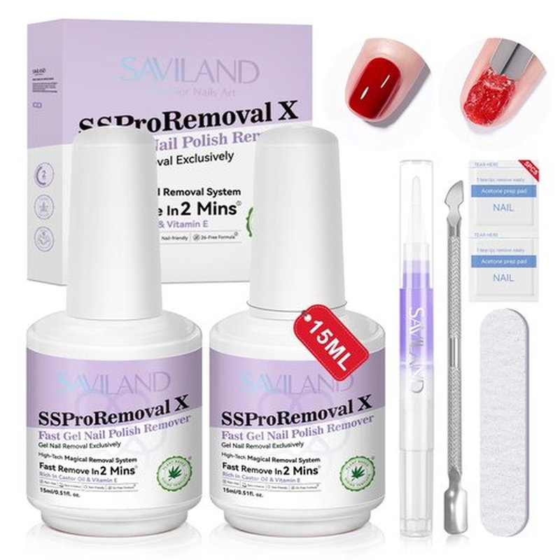 SAVILAND Dip Powder Remover Kit: 2-Min Fast Dip Remover Castor Oil & Nail Remover with Cuticle Oil Pen Pusher Nail File for Builder Acrylic Dip Powder Less-Damaging Salon