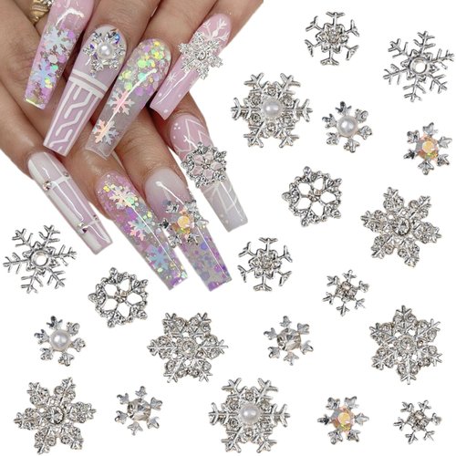 20Pcs Christmas Nail Charms 3D Snowflake Nail Art Charms Alloy Silver Winter Nail Rhinestones Glitter Christmas Nail Gems Diamonds Metallic Snowflake Nail Jewelry for Women DIY Xmas Nails Decoration