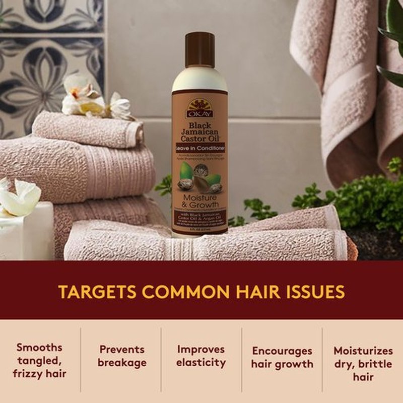 OKAY Black Jamaican Castor Oil Leave In Conditioner - Hair Moisturizer For Women And Men, Natural Hair Product For Hair Growth, Curly Hair Grease For Smooth, Moisturized Hair - 8 Fl Oz (2 Pack)