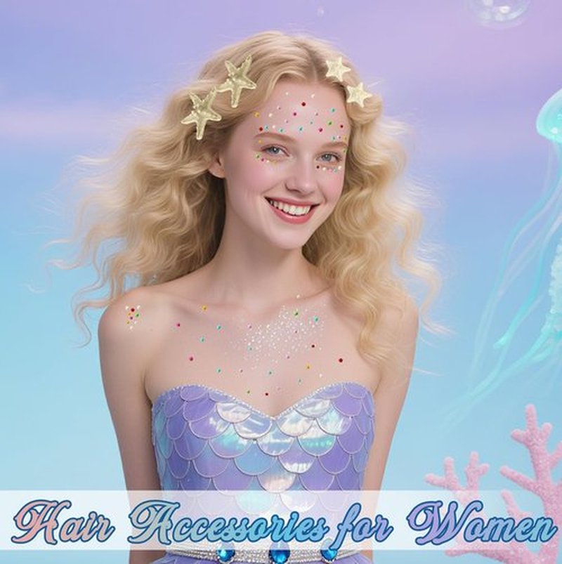Mermaid Costume Accessories Women - 4PCS Starfish Hair Clip, Mermaid Face Glitter and Pearl Stickers, Halloween Hair Clips for Princess Outfit Cosplay
