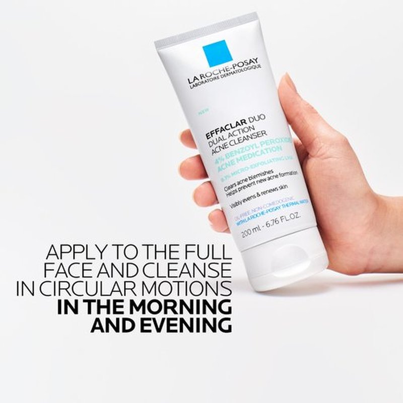 La Roche-Posay Effaclar Dual Acne Face Wash With 4% Benzoyl Peroxide & LHA Exfoliant, Acne Treatment Help Clear & Prevent Blemishes, Paraben Free & Oil Free Wash, 6.76 Fl Oz