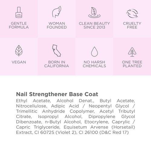 Cote Beauty Nail Strengthening Base Coat, Smooths Nails with Horsetail Extract, Vegan, Cruelty-Free, Fast Drying Nail Strengthener Base Coat, Primer for Polished Nails, 0.27 fl oz (8 ml)